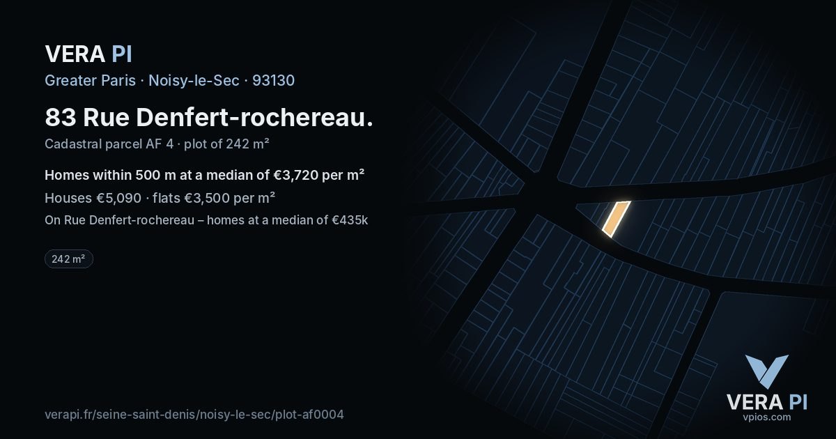 83 Rue Denfert-rochereau, Noisy-le-Sec at night – the plot lit, the parcels around coloured by the prices near them