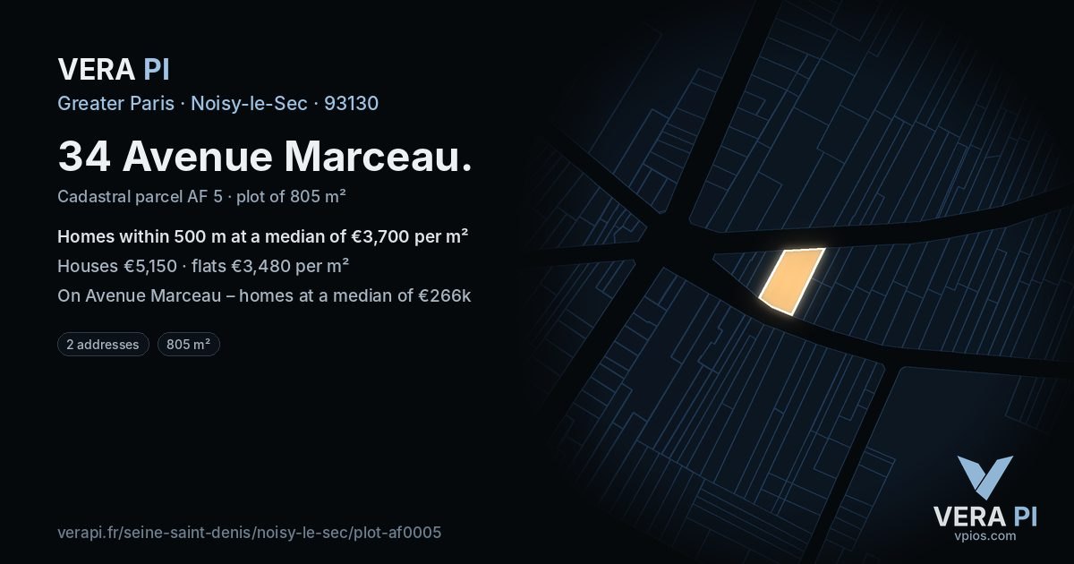 34 Avenue Marceau, Noisy-le-Sec at night – the plot lit, the parcels around coloured by the prices near them