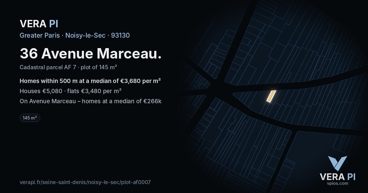 36 Avenue Marceau, Noisy-le-Sec at night – the plot lit, the parcels around coloured by the prices near them