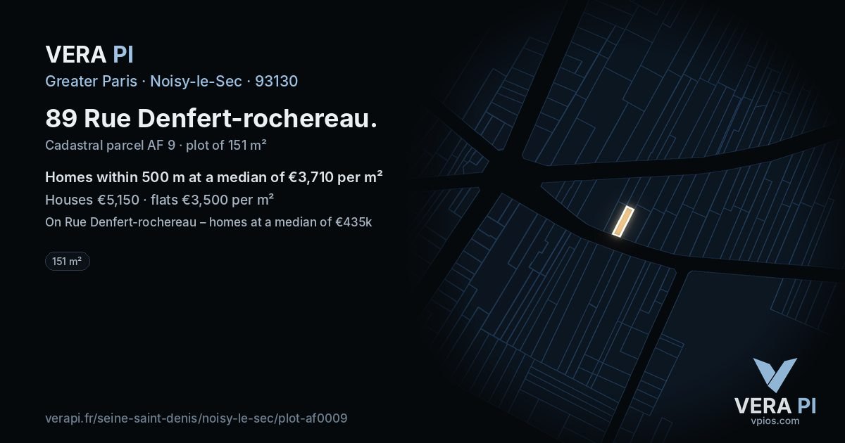 89 Rue Denfert-rochereau, Noisy-le-Sec at night – the plot lit, the parcels around coloured by the prices near them