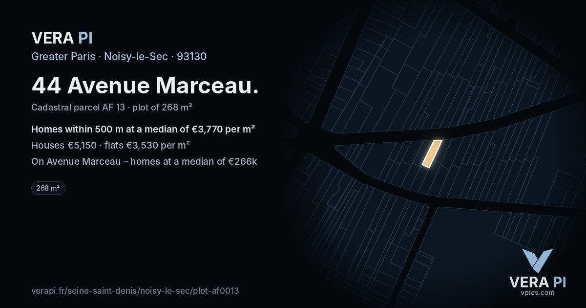 44 Avenue Marceau, Noisy-le-Sec at night – the plot lit, the parcels around coloured by the prices near them