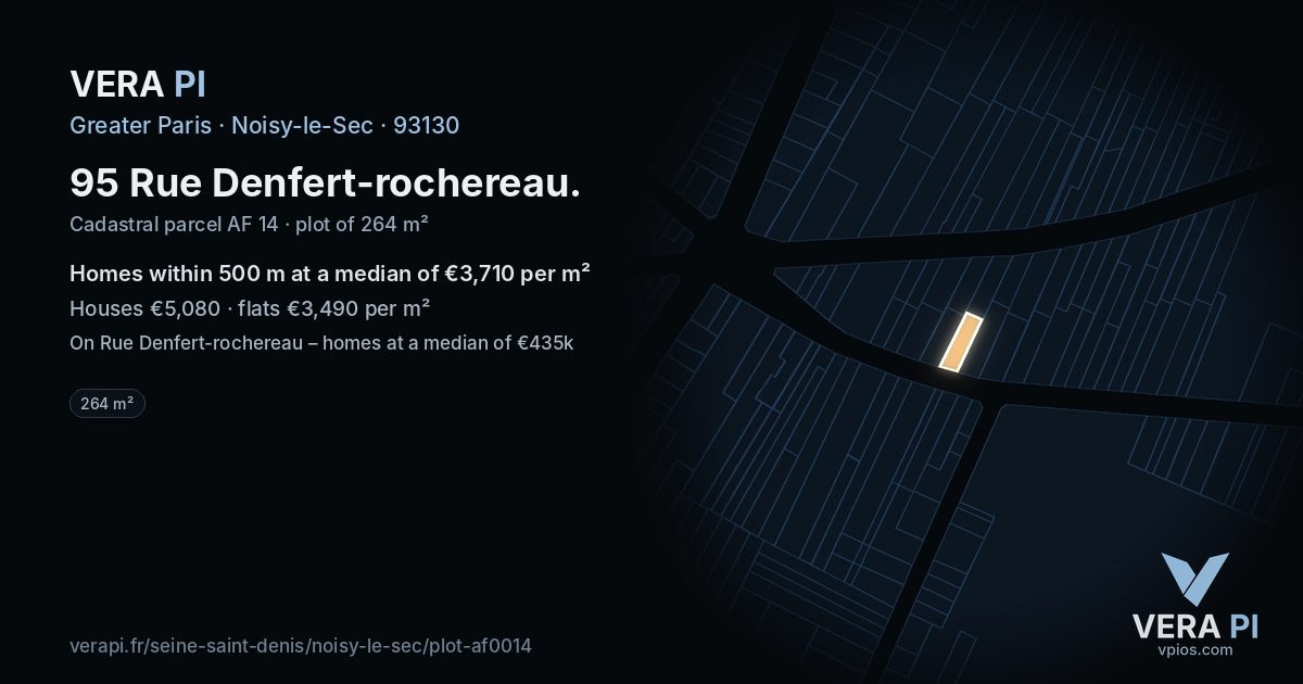 95 Rue Denfert-rochereau, Noisy-le-Sec at night – the plot lit, the parcels around coloured by the prices near them