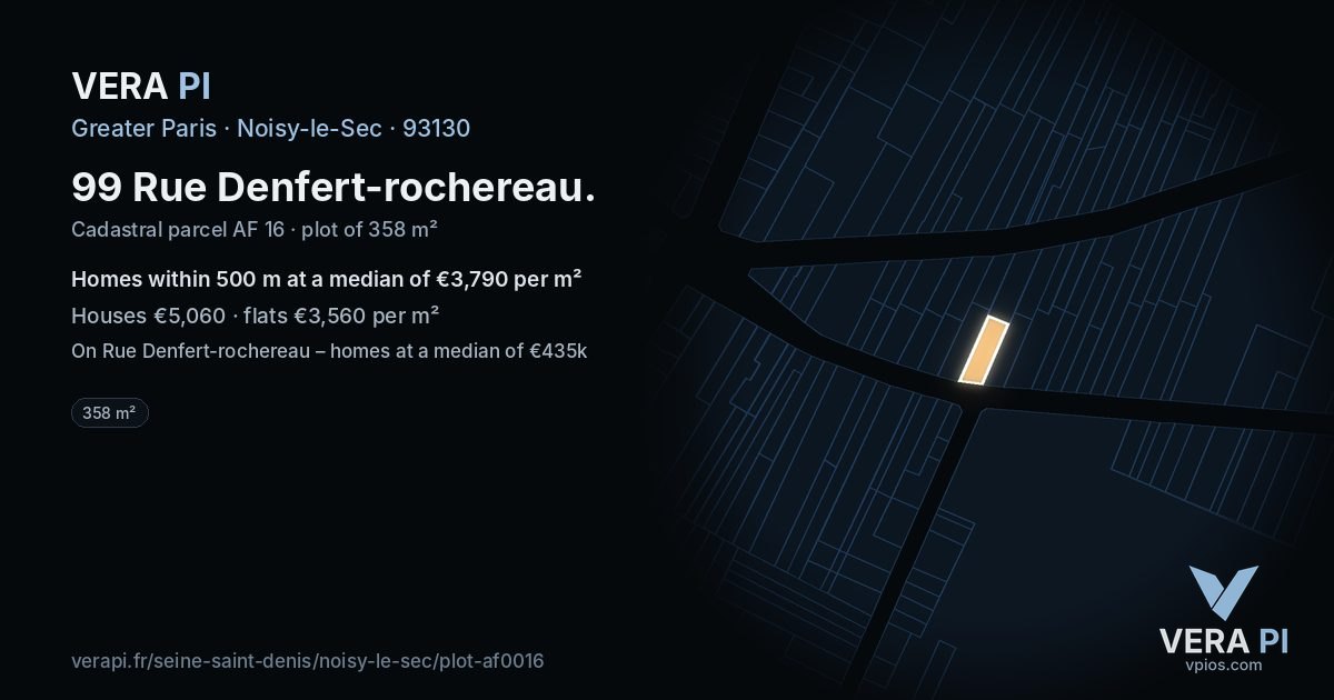 99 Rue Denfert-rochereau, Noisy-le-Sec at night – the plot lit, the parcels around coloured by the prices near them