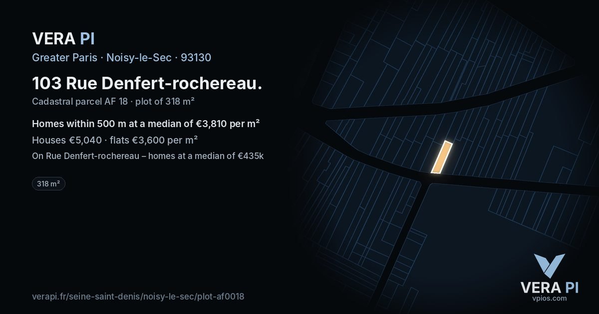 103 Rue Denfert-rochereau, Noisy-le-Sec at night – the plot lit, the parcels around coloured by the prices near them