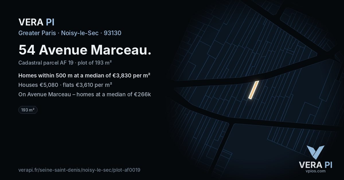 54 Avenue Marceau, Noisy-le-Sec at night – the plot lit, the parcels around coloured by the prices near them