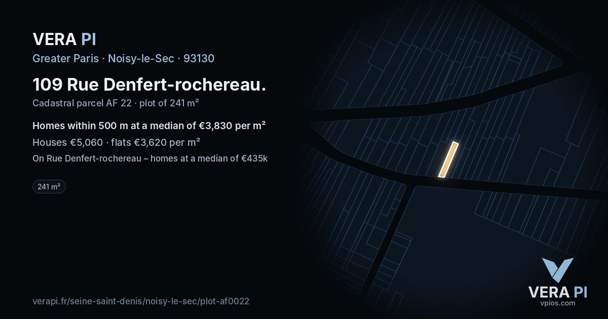 109 Rue Denfert-rochereau, Noisy-le-Sec at night – the plot lit, the parcels around coloured by the prices near them