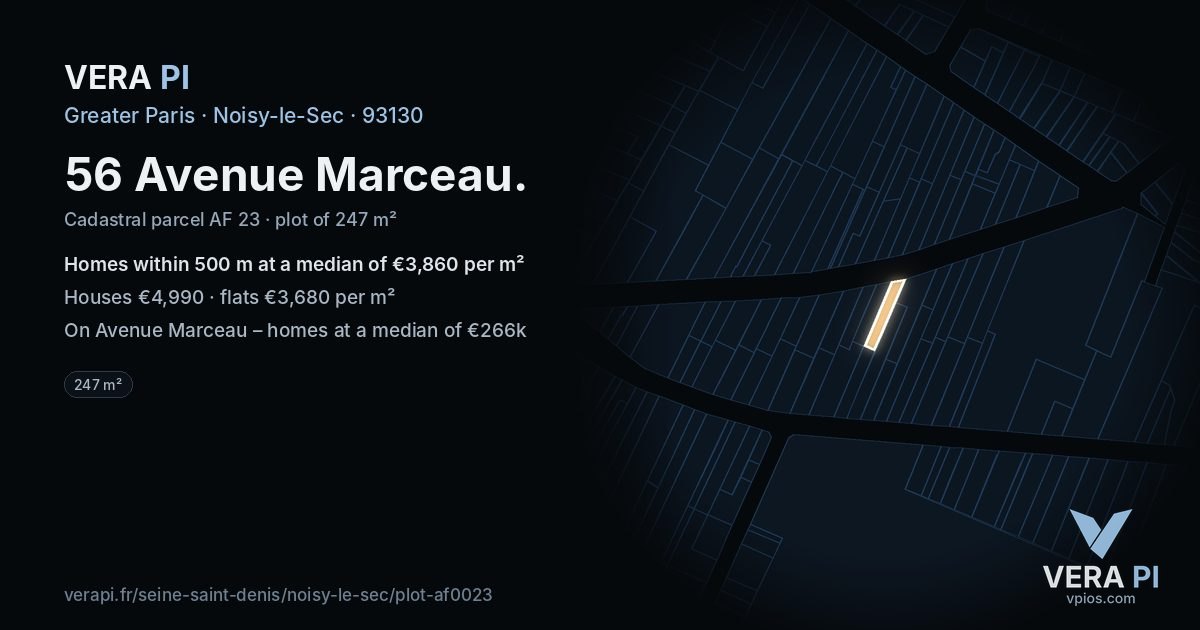 56 Avenue Marceau, Noisy-le-Sec at night – the plot lit, the parcels around coloured by the prices near them