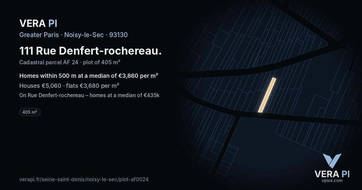 111 Rue Denfert-rochereau, Noisy-le-Sec at night – the plot lit, the parcels around coloured by the prices near them