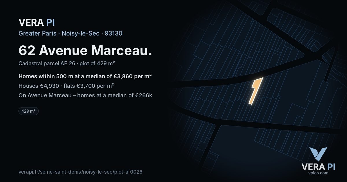 62 Avenue Marceau, Noisy-le-Sec at night – the plot lit, the parcels around coloured by the prices near them