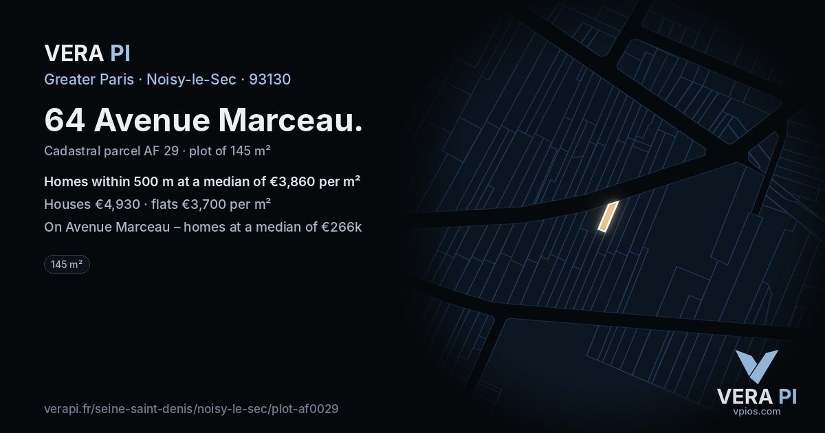 64 Avenue Marceau, Noisy-le-Sec at night – the plot lit, the parcels around coloured by the prices near them