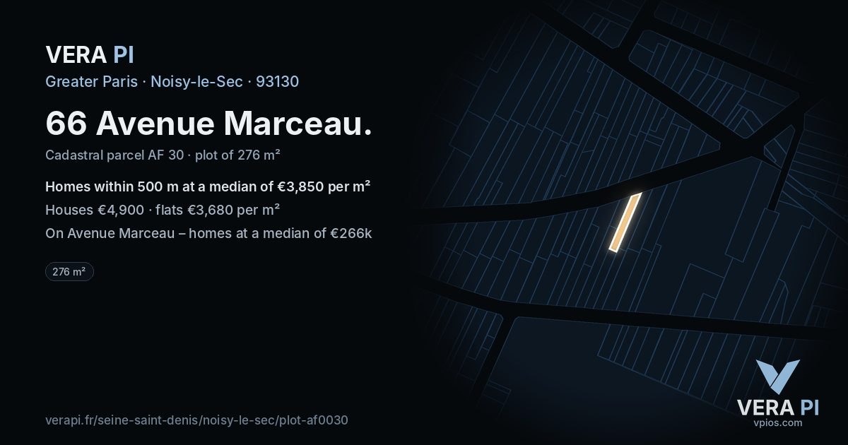 66 Avenue Marceau, Noisy-le-Sec at night – the plot lit, the parcels around coloured by the prices near them