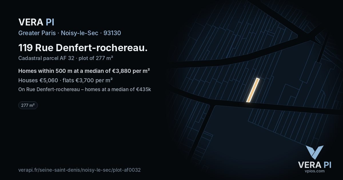 119 Rue Denfert-rochereau, Noisy-le-Sec at night – the plot lit, the parcels around coloured by the prices near them