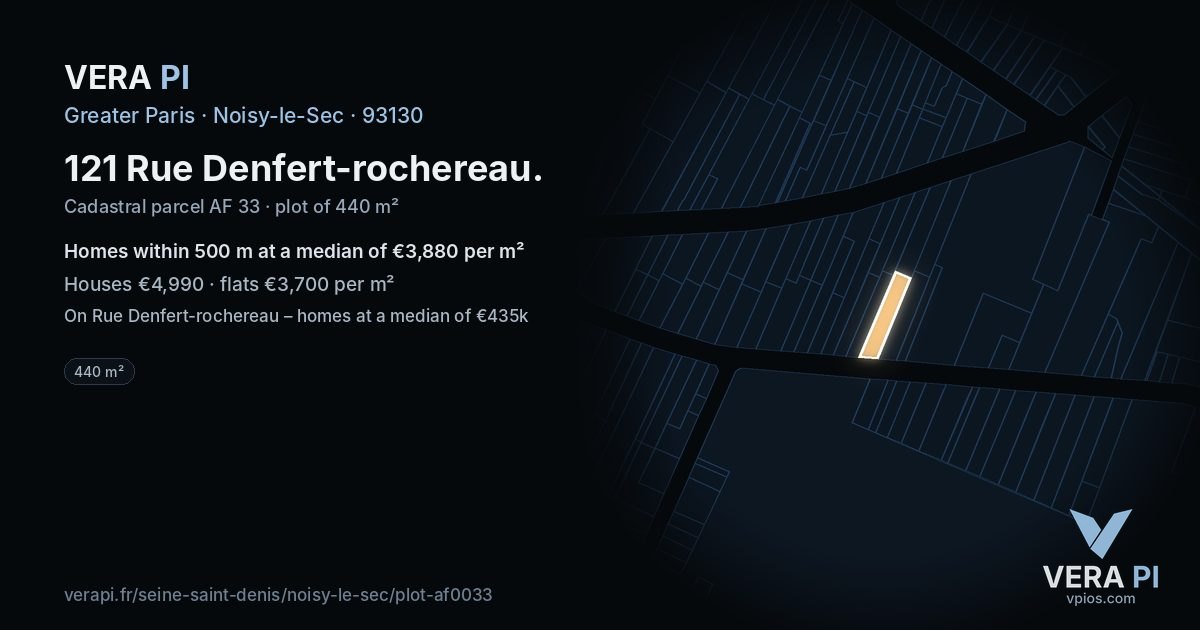 121 Rue Denfert-rochereau, Noisy-le-Sec at night – the plot lit, the parcels around coloured by the prices near them