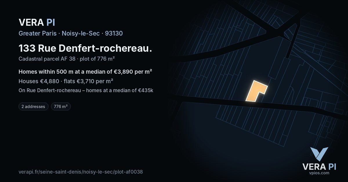 133 Rue Denfert-rochereau, Noisy-le-Sec at night – the plot lit, the parcels around coloured by the prices near them