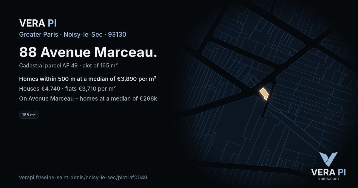88 Avenue Marceau, Noisy-le-Sec at night – the plot lit, the parcels around coloured by the prices near them