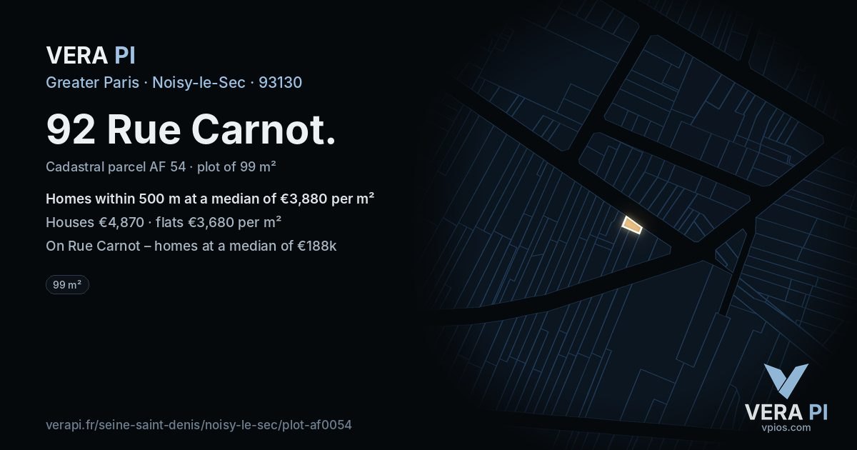 92 Rue Carnot, Noisy-le-Sec at night – the plot lit, the parcels around coloured by the prices near them