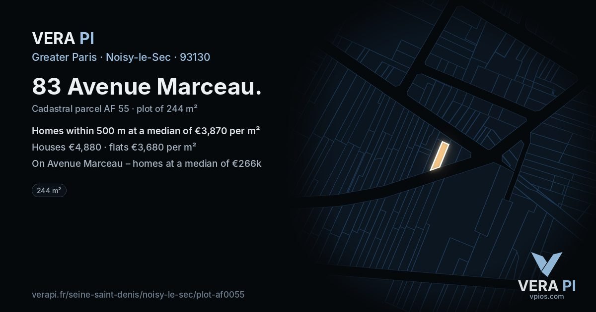 83 Avenue Marceau, Noisy-le-Sec at night – the plot lit, the parcels around coloured by the prices near them