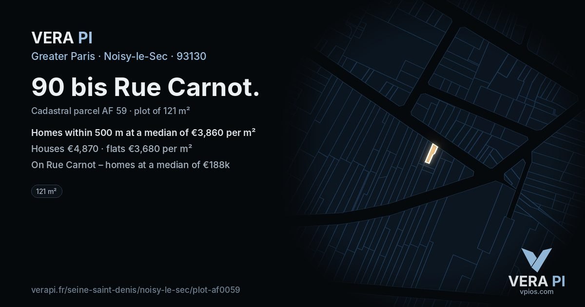 90 bis Rue Carnot, Noisy-le-Sec at night – the plot lit, the parcels around coloured by the prices near them