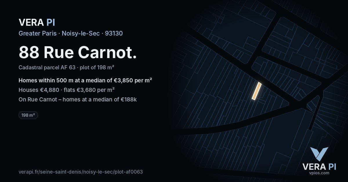 88 Rue Carnot, Noisy-le-Sec at night – the plot lit, the parcels around coloured by the prices near them