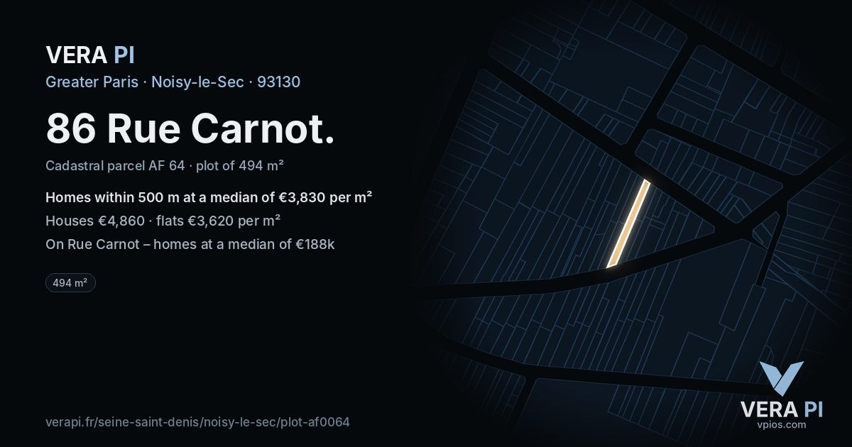 86 Rue Carnot, Noisy-le-Sec at night – the plot lit, the parcels around coloured by the prices near them