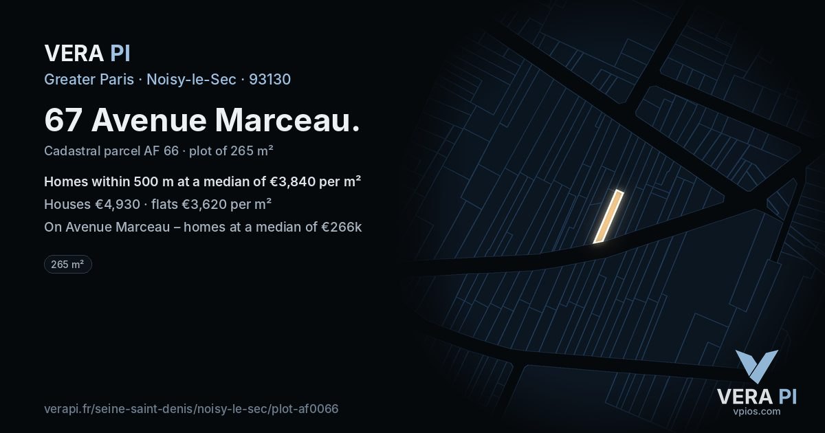 67 Avenue Marceau, Noisy-le-Sec at night – the plot lit, the parcels around coloured by the prices near them