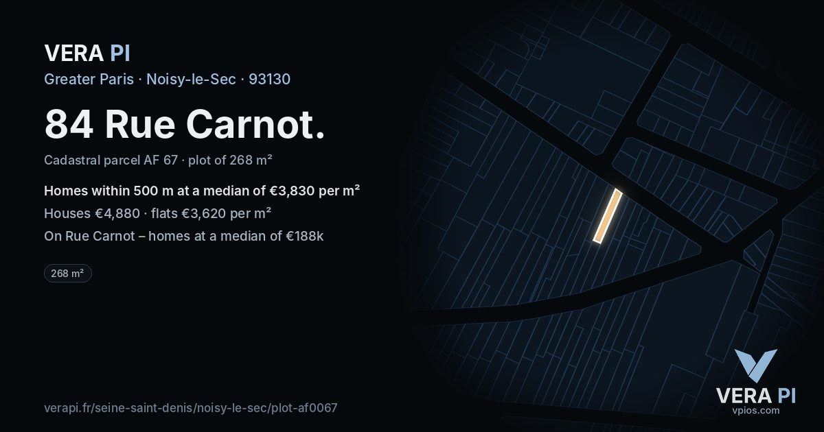 84 Rue Carnot, Noisy-le-Sec at night – the plot lit, the parcels around coloured by the prices near them