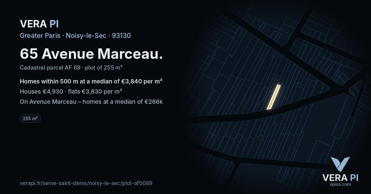 65 Avenue Marceau, Noisy-le-Sec at night – the plot lit, the parcels around coloured by the prices near them