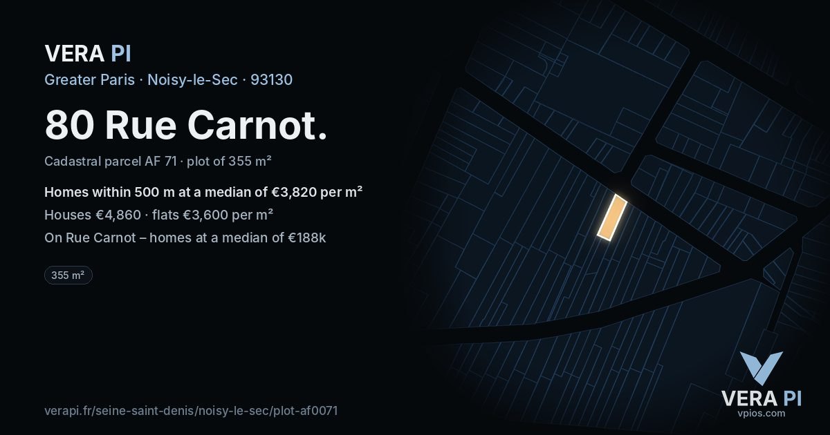 80 Rue Carnot, Noisy-le-Sec at night – the plot lit, the parcels around coloured by the prices near them