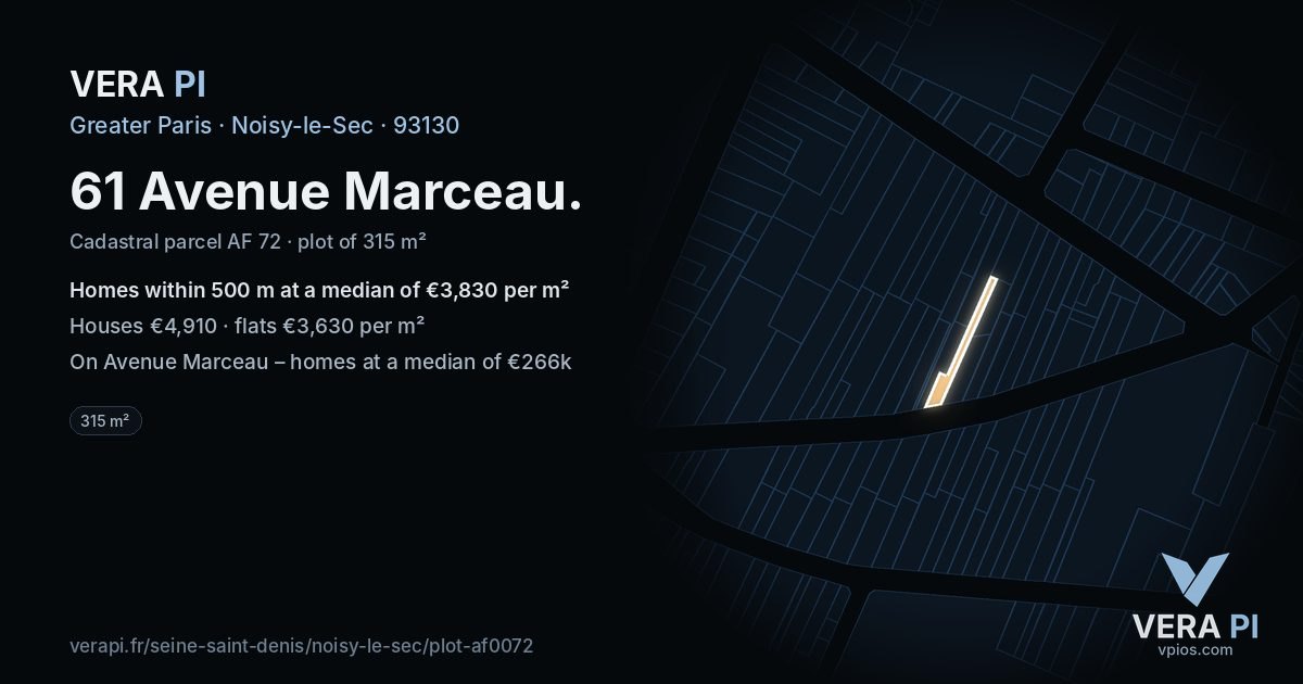 61 Avenue Marceau, Noisy-le-Sec at night – the plot lit, the parcels around coloured by the prices near them