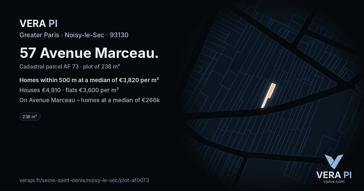 57 Avenue Marceau, Noisy-le-Sec at night – the plot lit, the parcels around coloured by the prices near them