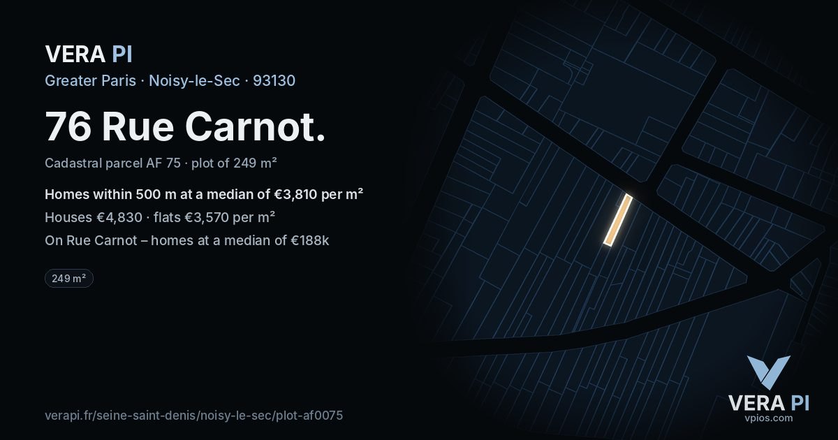 76 Rue Carnot, Noisy-le-Sec at night – the plot lit, the parcels around coloured by the prices near them