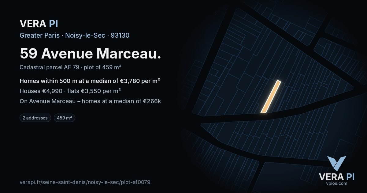 59 Avenue Marceau, Noisy-le-Sec at night – the plot lit, the parcels around coloured by the prices near them