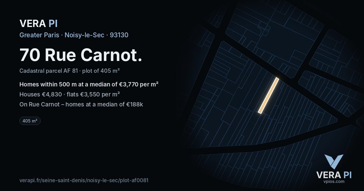 70 Rue Carnot, Noisy-le-Sec at night – the plot lit, the parcels around coloured by the prices near them