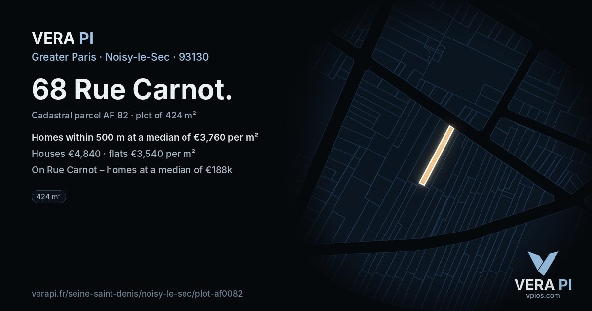 68 Rue Carnot, Noisy-le-Sec at night – the plot lit, the parcels around coloured by the prices near them