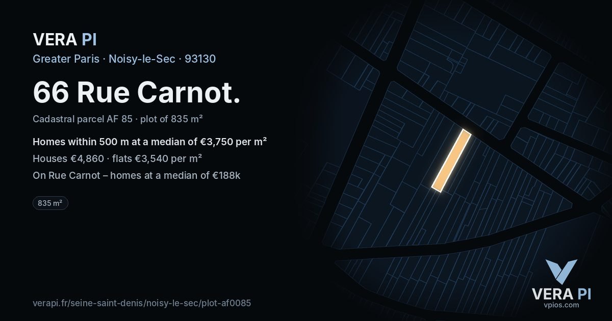 66 Rue Carnot, Noisy-le-Sec at night – the plot lit, the parcels around coloured by the prices near them