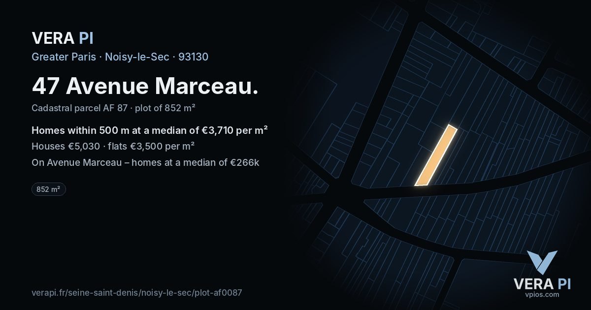 47 Avenue Marceau, Noisy-le-Sec at night – the plot lit, the parcels around coloured by the prices near them