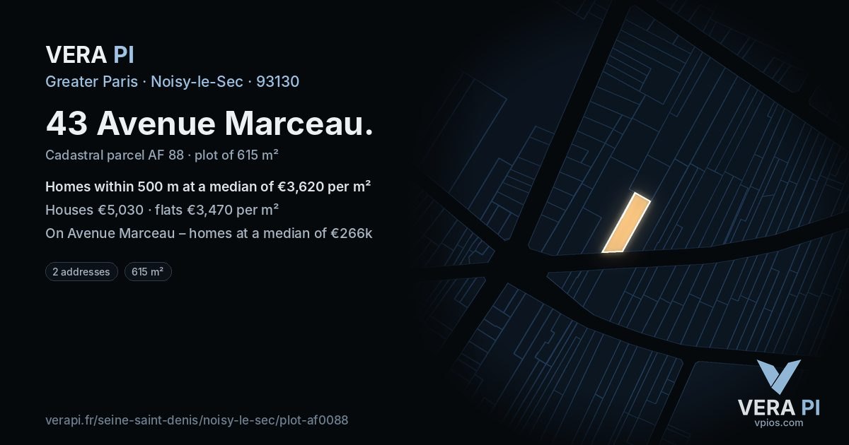43 Avenue Marceau, Noisy-le-Sec at night – the plot lit, the parcels around coloured by the prices near them