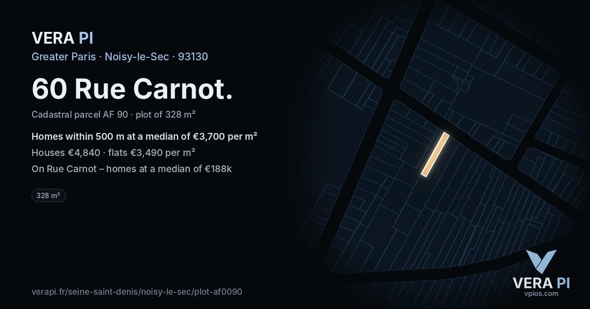 60 Rue Carnot, Noisy-le-Sec at night – the plot lit, the parcels around coloured by the prices near them