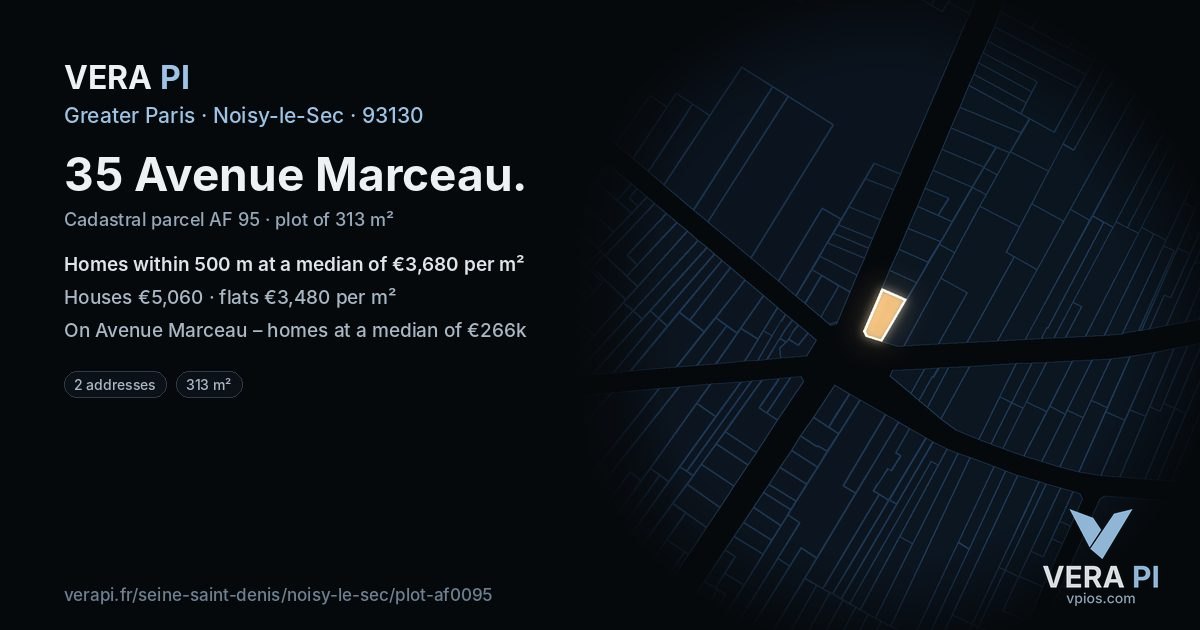 35 Avenue Marceau, Noisy-le-Sec at night – the plot lit, the parcels around coloured by the prices near them