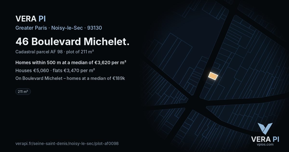 46 Boulevard Michelet, Noisy-le-Sec at night – the plot lit, the parcels around coloured by the prices near them