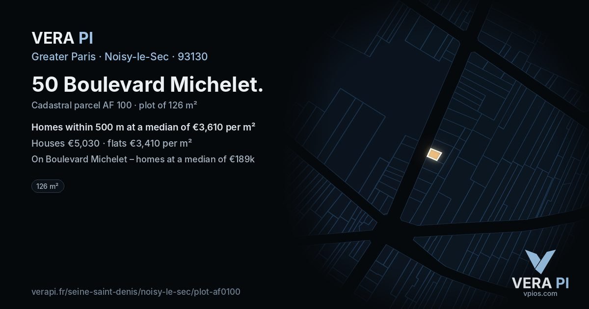 50 Boulevard Michelet, Noisy-le-Sec at night – the plot lit, the parcels around coloured by the prices near them