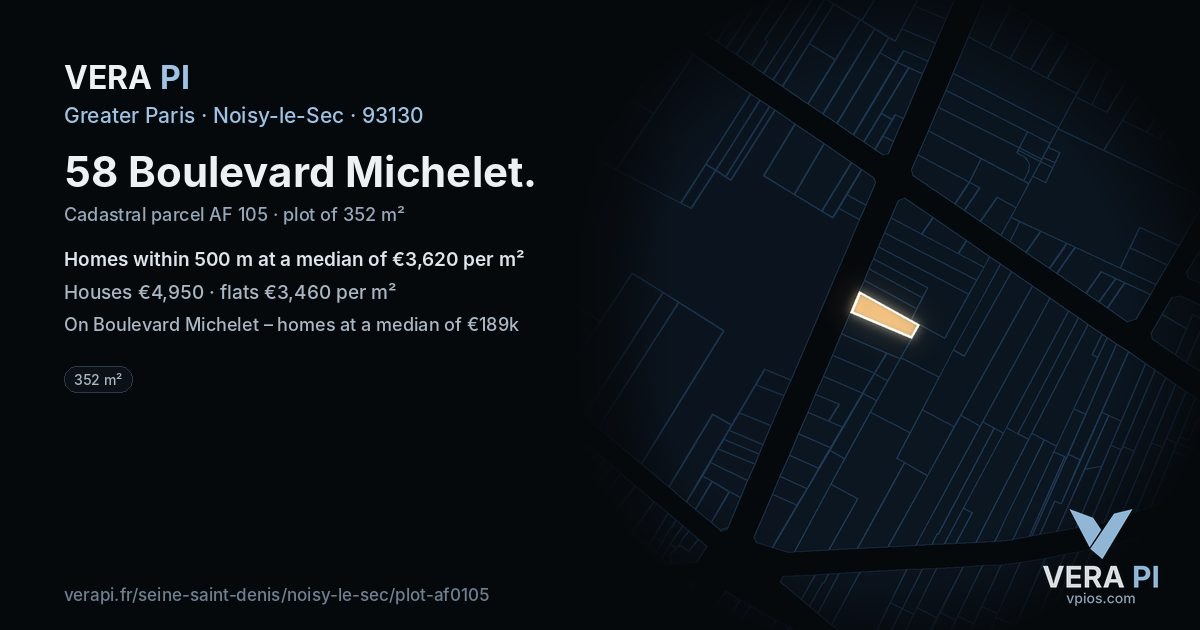 58 Boulevard Michelet, Noisy-le-Sec at night – the plot lit, the parcels around coloured by the prices near them