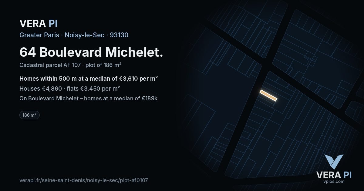 64 Boulevard Michelet, Noisy-le-Sec at night – the plot lit, the parcels around coloured by the prices near them