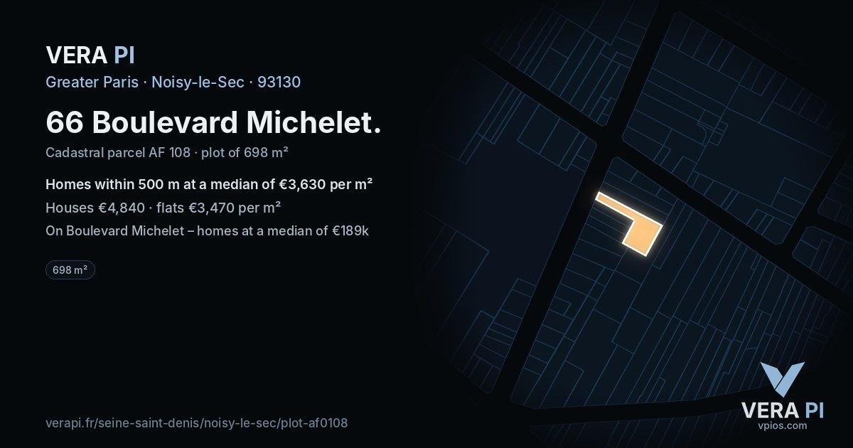 66 Boulevard Michelet, Noisy-le-Sec at night – the plot lit, the parcels around coloured by the prices near them