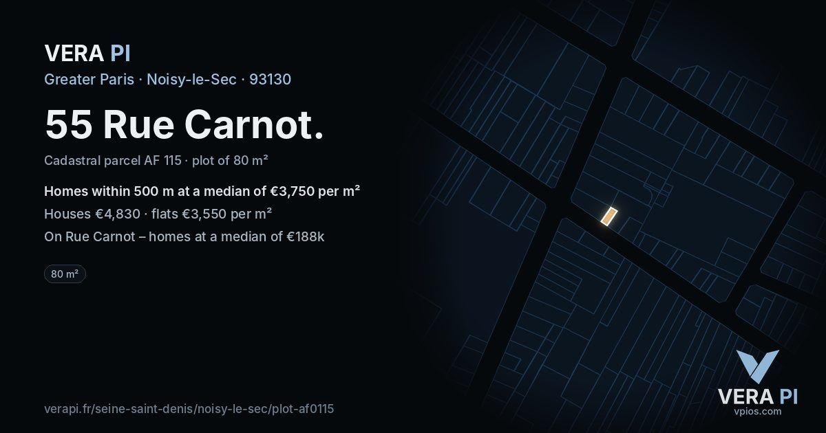55 Rue Carnot, Noisy-le-Sec at night – the plot lit, the parcels around coloured by the prices near them