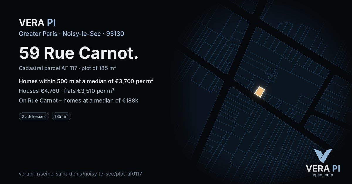 59 Rue Carnot, Noisy-le-Sec at night – the plot lit, the parcels around coloured by the prices near them