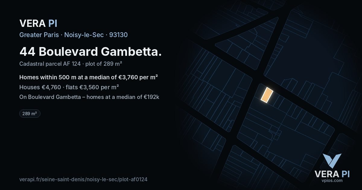 44 Boulevard Gambetta, Noisy-le-Sec at night – the plot lit, the parcels around coloured by the prices near them