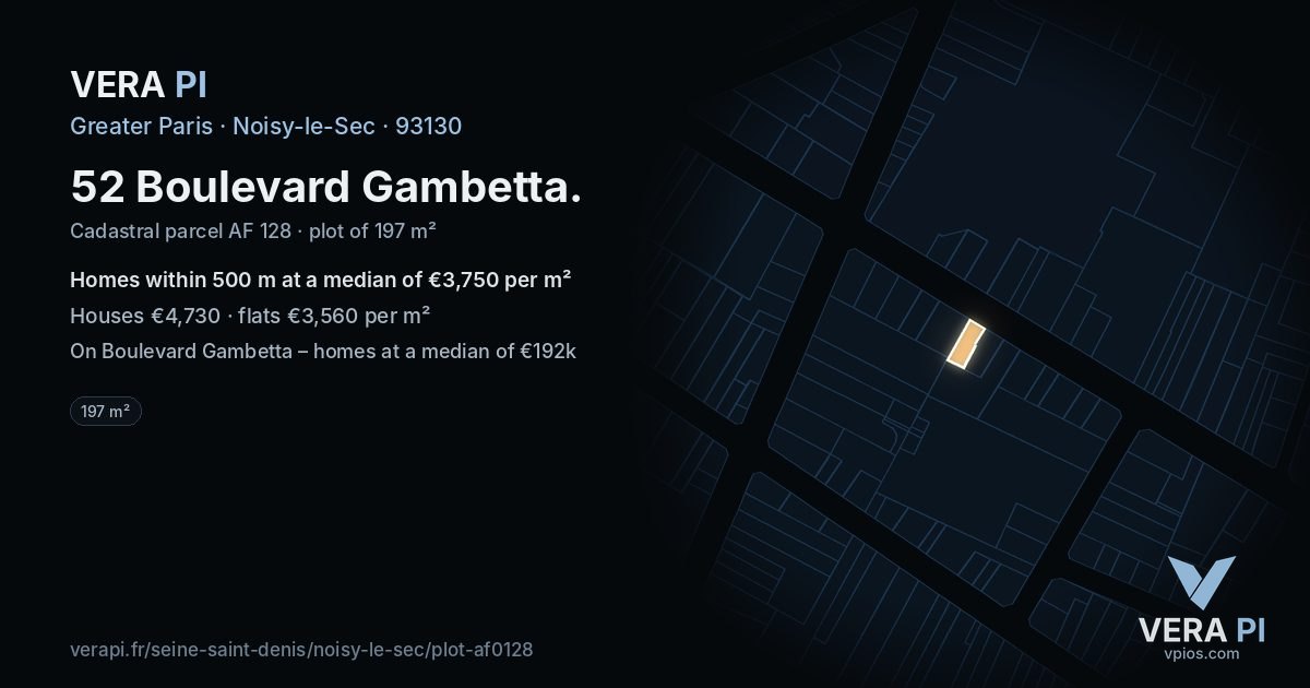52 Boulevard Gambetta, Noisy-le-Sec at night – the plot lit, the parcels around coloured by the prices near them