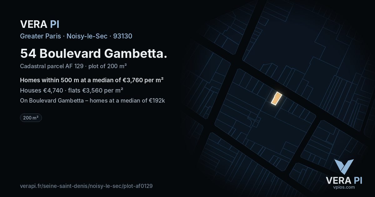 54 Boulevard Gambetta, Noisy-le-Sec at night – the plot lit, the parcels around coloured by the prices near them