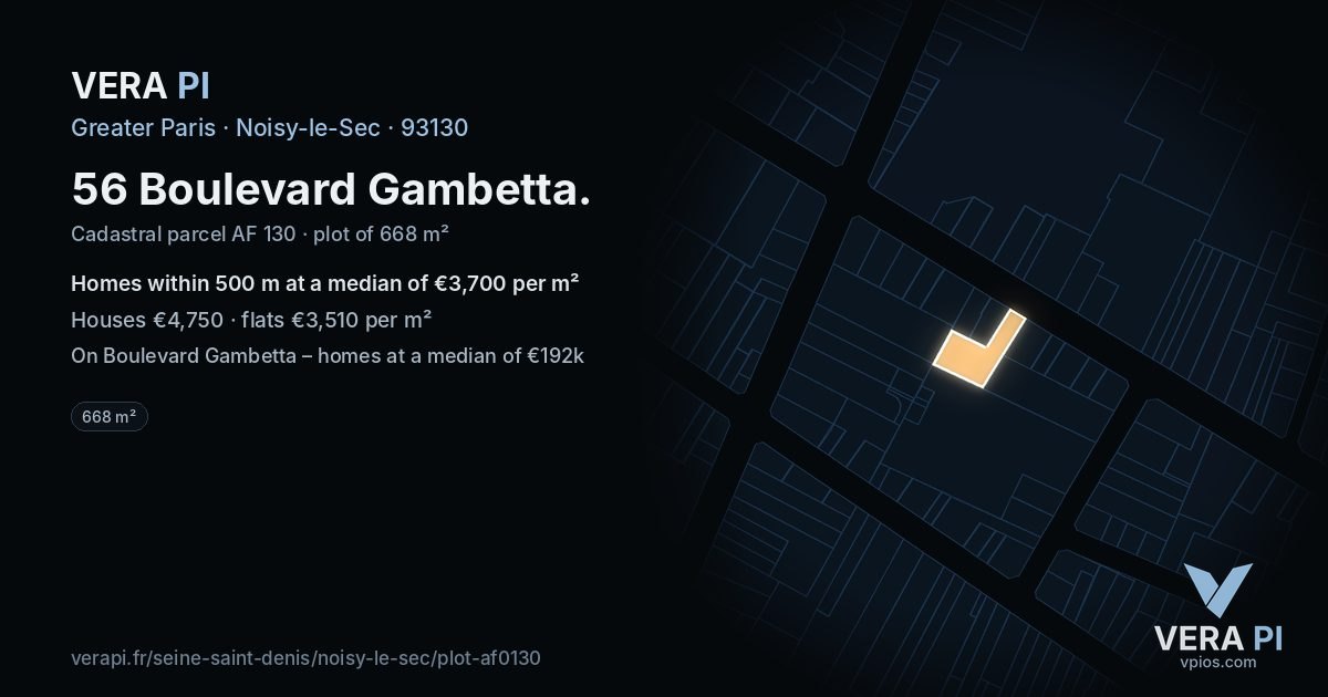 56 Boulevard Gambetta, Noisy-le-Sec at night – the plot lit, the parcels around coloured by the prices near them